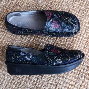 Alegria leather flowered platform slip-ons